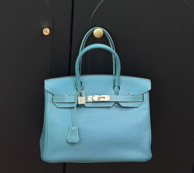 Auth Hermes Birkin 30 Handbag Sky Blue Leather PHW Rare Iconic Classic