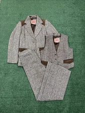 Vintage 70s Ms. Pioneer Western Tweed & Leather 3 Piece Suit Set Brown Size 10