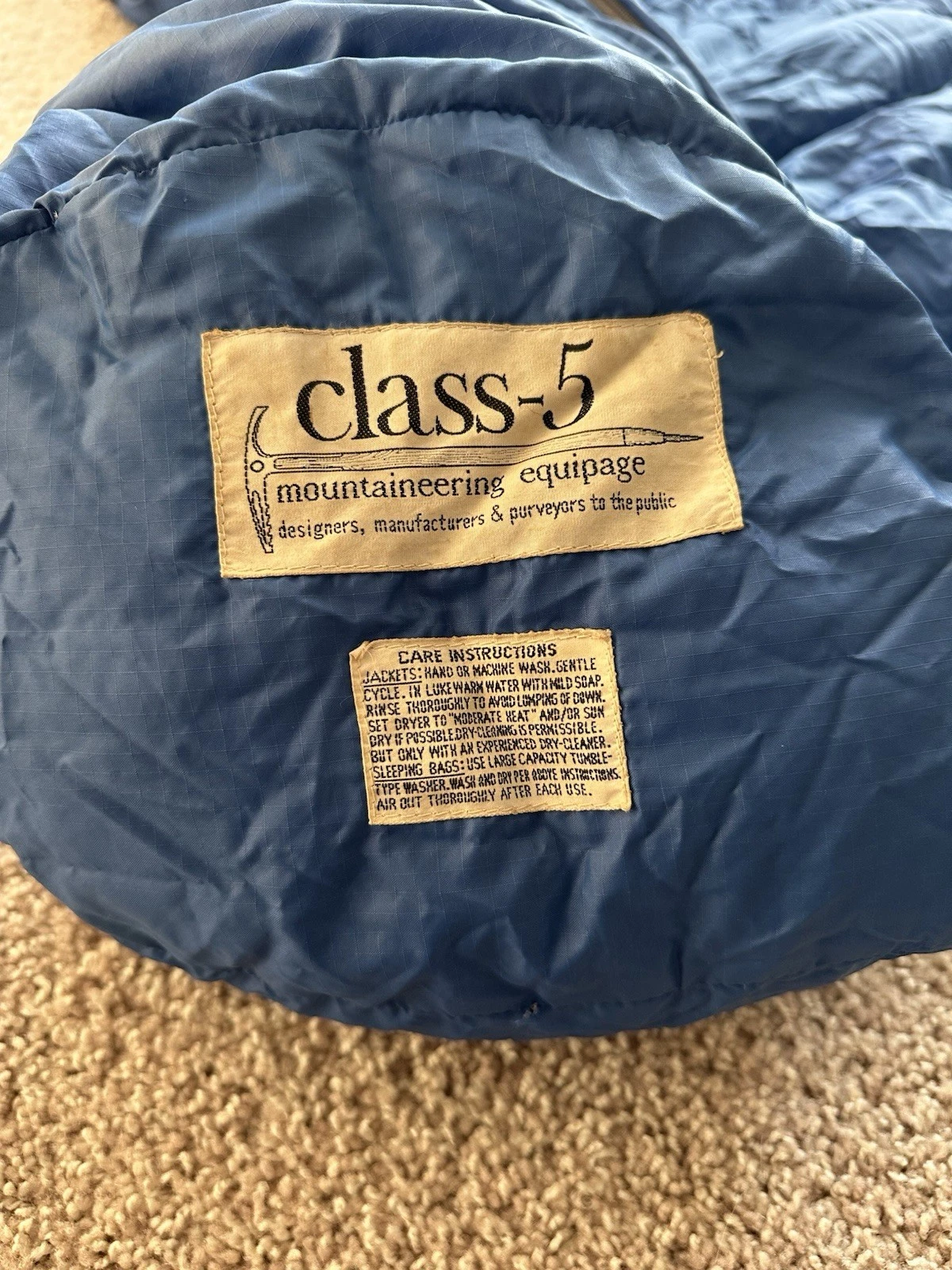 Vintage 80’s Class-5 Down Mummy Sleeping Bag Blue Long w Drawstring Carrying Bag