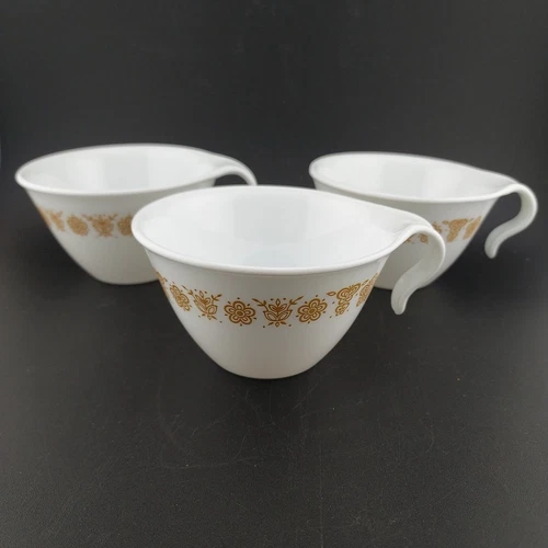 3 VINTAGE Corelle Butterfly Gold Coffee Tea Cups Hook Handle Corning Stackable