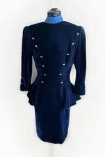 Vintage 80s Victor Costa Military Style Navy Blue Velour Peplum Party Dress 8