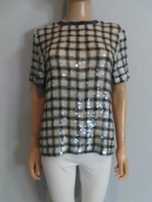 ASHISH White/Gray/Blue Sequin Geometric Print Top Size S