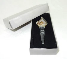Wine Bottle Stopper, Teardrop Design ~ Bronze In White, Murano Art Glass #2941