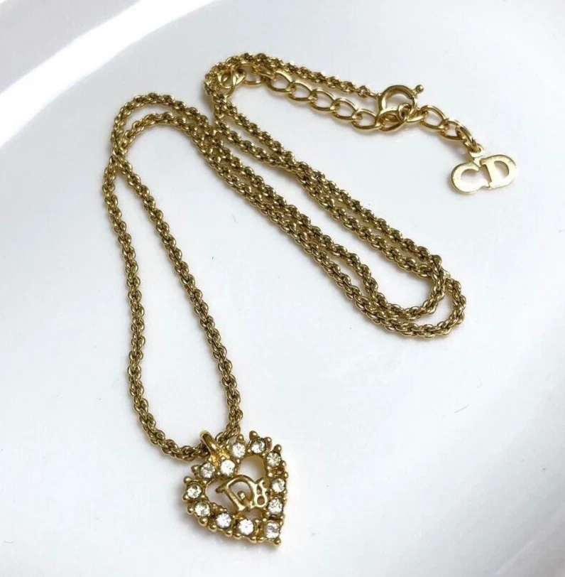 Christian Dior Heart Linestone Pendant Necklace Gold Chain Heart