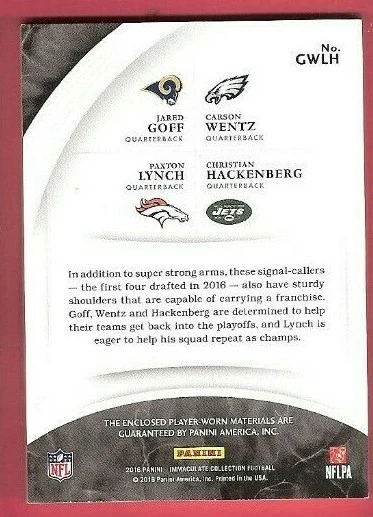 Jared Goff ROOKIE JERSEY CARD #d49 2016 IMMACULATE LYNCH HACKENBERG CARSON WENTZ - Image 2 of 2