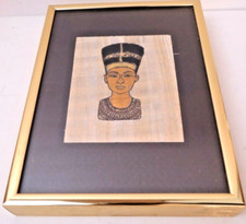 Hand Painted Queen Nefertiti on Papyrus Framed in Modernist Frame Egyptian Art