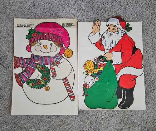 Vintage 1982 Large Christmas Window Clings On Decor Santa & Snowman (2) Holidays