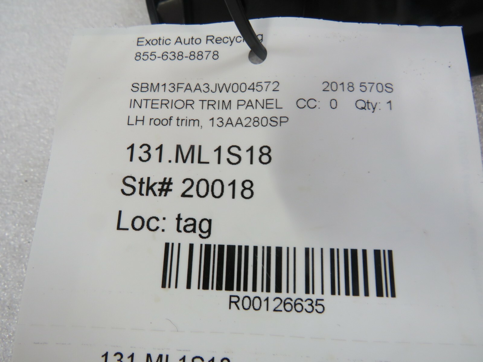 Mclaren 570s, LH, Left, Roof Trim Panel, Used, P/N 13AA280SP