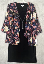 Women's Black Sheath Dress Size XL w/ Attached Sheer Floral Jacket and Necklace