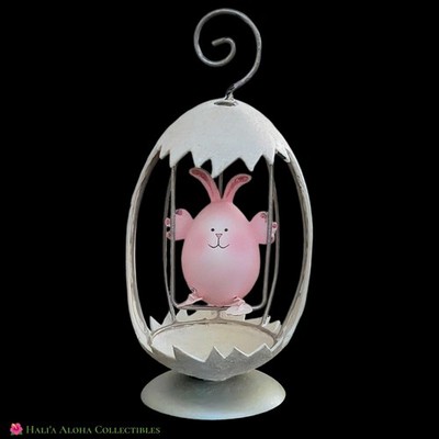 VINTAGE Hand-Painted 9'' Swinging Pink Easter Bunny / Egg Metal Figurine Ornament