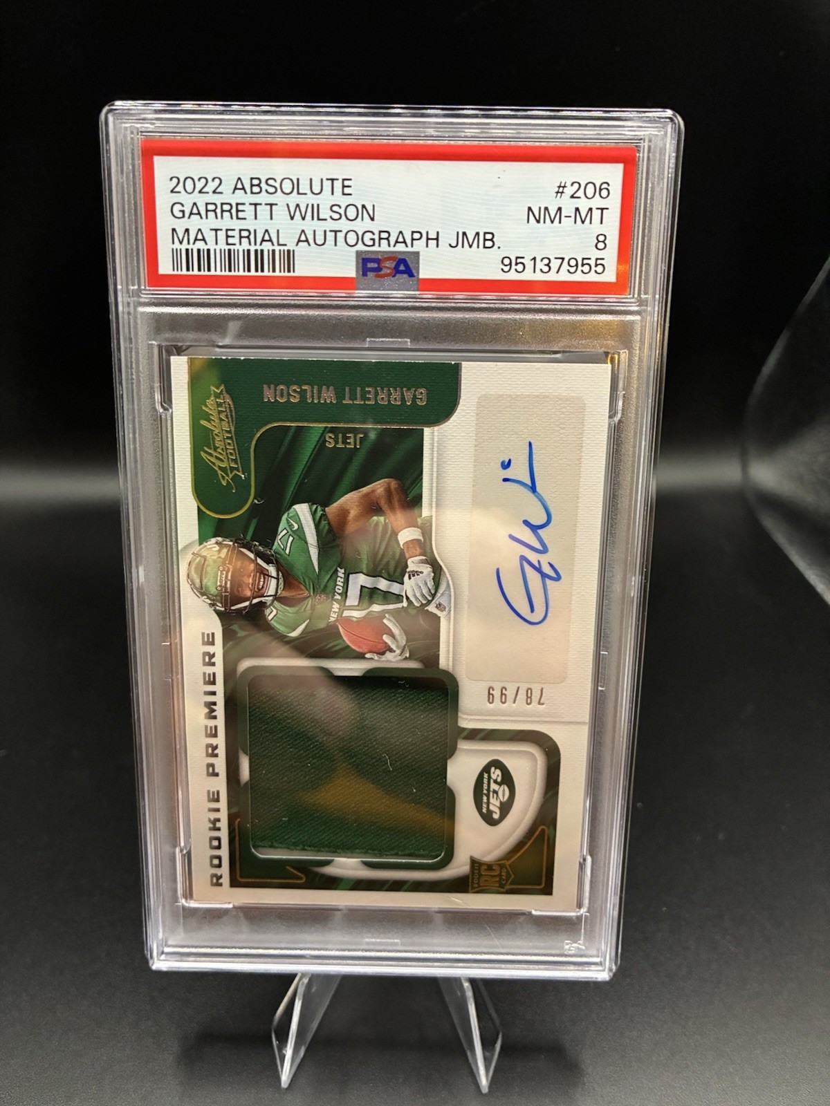 2022 Panini Absolute Garrett Wilson RPA Rookie Jumbo Patch Auto RC 78/99 PSA 8 view 1