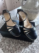 Vintage Chanel CC Logo Wood Block Heel Leather Sandals Navy/Black Size W 41
