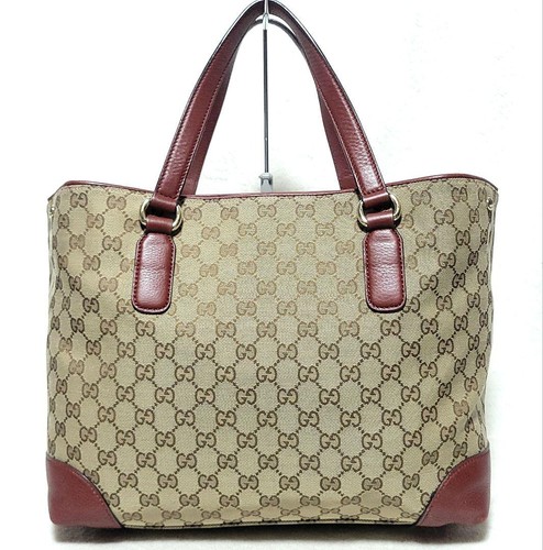 Gucci GG Canvas Tote Bag Beige Bordeaux Leather Horsebit Interlocking