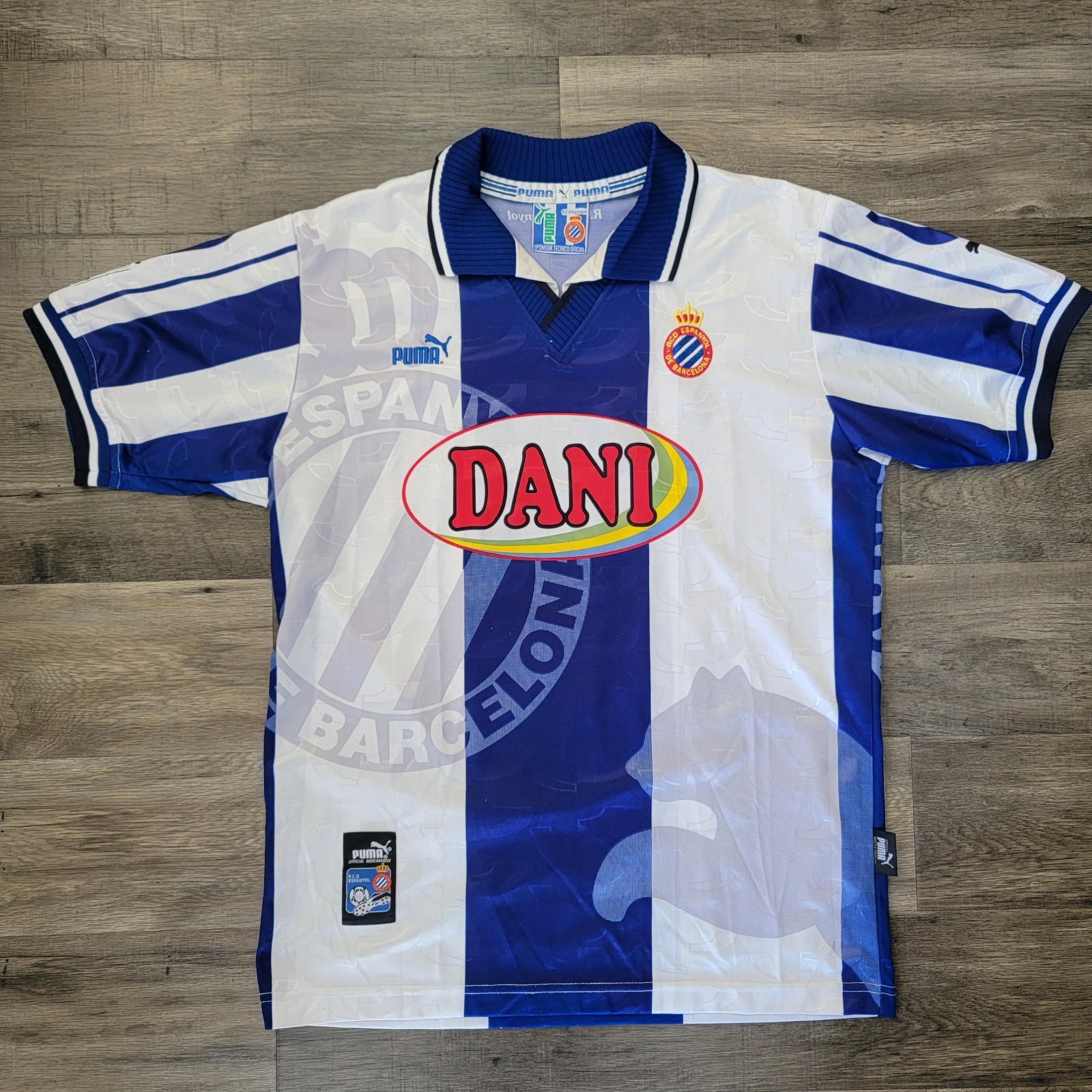 Vtg Puma White & Blue RCD Espanyol de Barcelona Home Soccer Futbol Jersey Large