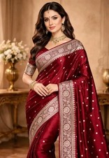 Women Banarasi Silk Saree Embroidered Party Wear Traditional Indian Wedding