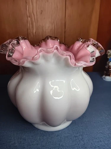 Vtg Fenton White Pink Overlay Ruffled Glass Vase Melon Base Silver Crest Edge