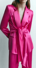ZARA Women's Satin Blazer Tie Back SET Fuschia Hot Pink BARBIE Size XS