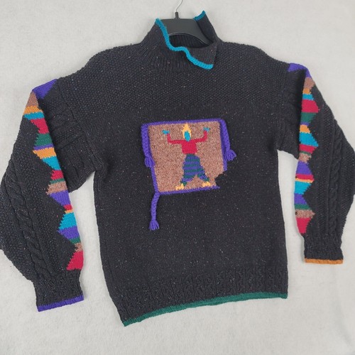 Vintage Womens Sweater Small Black Colorful Knit Wool Handknit Retro 80s 90s Art - Picture 5 of 12