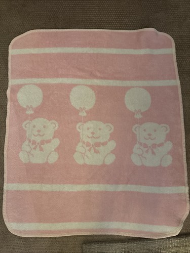 VTG Nursery Baby Children Blanket Teddy Bear Balloons Pink And Ivory 41” X 48”