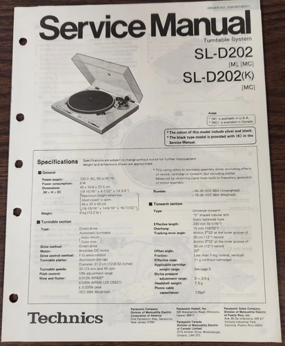 Technics SL-D202/D202(K) Turntable Service Manual - Original