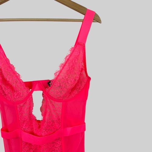 Victoria's Secret Neon Pink Lace Mesh Corset Bustier Bra 36 D Garter Slip - Picture 9 of 15