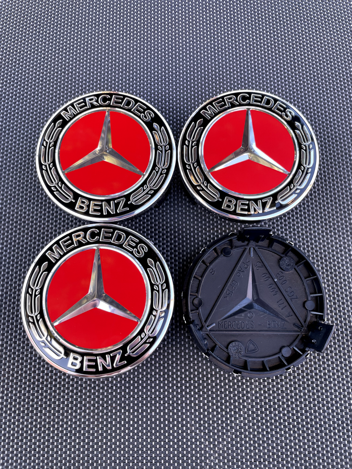 MERCEDES BENZ SET OF 4 BLACK-RED 75 mm/2.95in Wheel Center Caps Fits ...