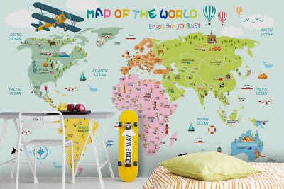 3D Cartoon World Map Wallpaper Wall Mural Self-adhesive Removable 486