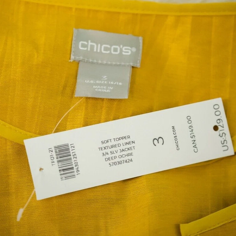 Chico's 3 Size XL Yellow Soft Topper Textured Linen 3/4 Sleeve Open Front Jacket - Image 4 of 4