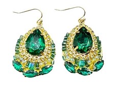 Emerald Green Crystals Rhinestone Teardrop Dangle Earrings Gold Tone