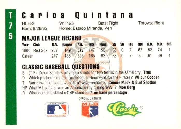 1991 Classic III #T75 Carlos Quintana Boston Red Sox - Image 2 of 2