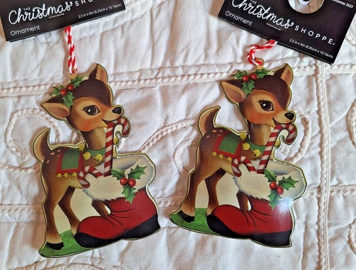 Metal Reindeer Christmas Ornaments Set of 2 Retro Style NEW