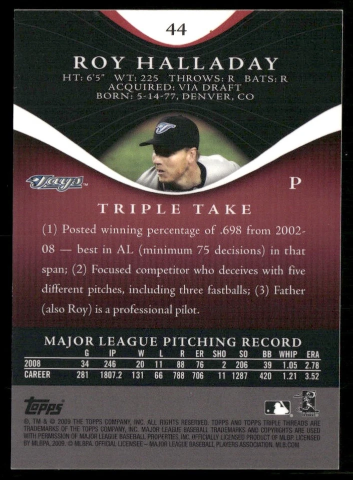 Roy Halladay 2009 Topps Triple Threads #44 #/1350 - Toronto Blue Jays - Image 2 of 2