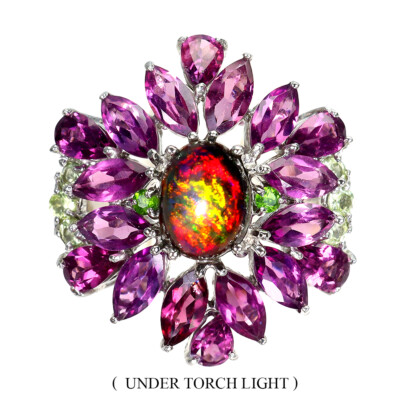 925 Sterling Silver Ring Oval Black Opal Rhodolite Natural Gemstone Jewelry Size