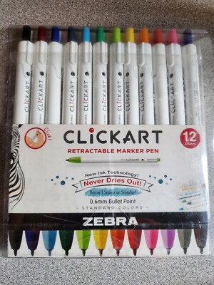 Zebra Clickart Retractable Marker Pen 12 Assorted Colors Never Dries Out New