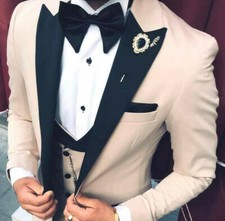 Mens Designer Tuxedo Wedding Party Beige Suit Waistcoat Set Fitted Slimfit 64