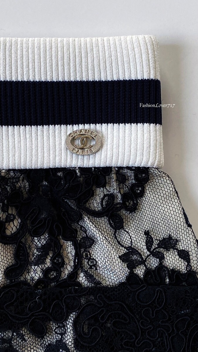 NWT CHANEL 17P BLACK WHITE GUIPURE LACE PENCIL MINI SKIRT 36