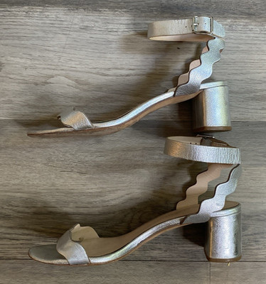 Loeffler Randall Emi Silver Leather Scalloped Block Heel Sandals 9 Wedding