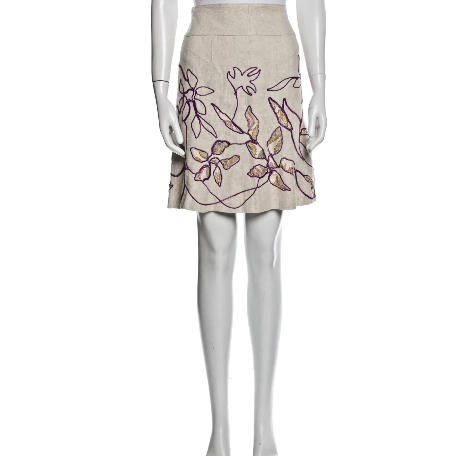 Etro Milano Linen Skirt Beige Purple Embroidered Paisley Floral 100% Flax