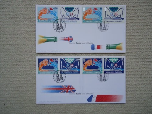 1994 UK-FRANCE JOINT ISSUE CHANNEL TUNNEL FDCs Coquelles & Folkestone pmks Train