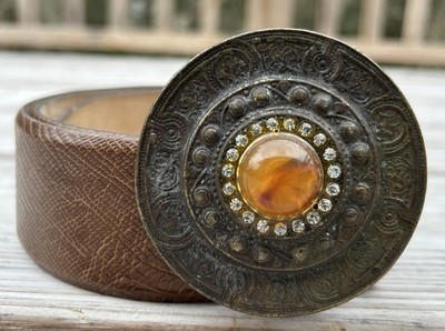 Sandy Duftler Leather Belt Amber Cabochon Women s Large Bronze Buckle Italy
