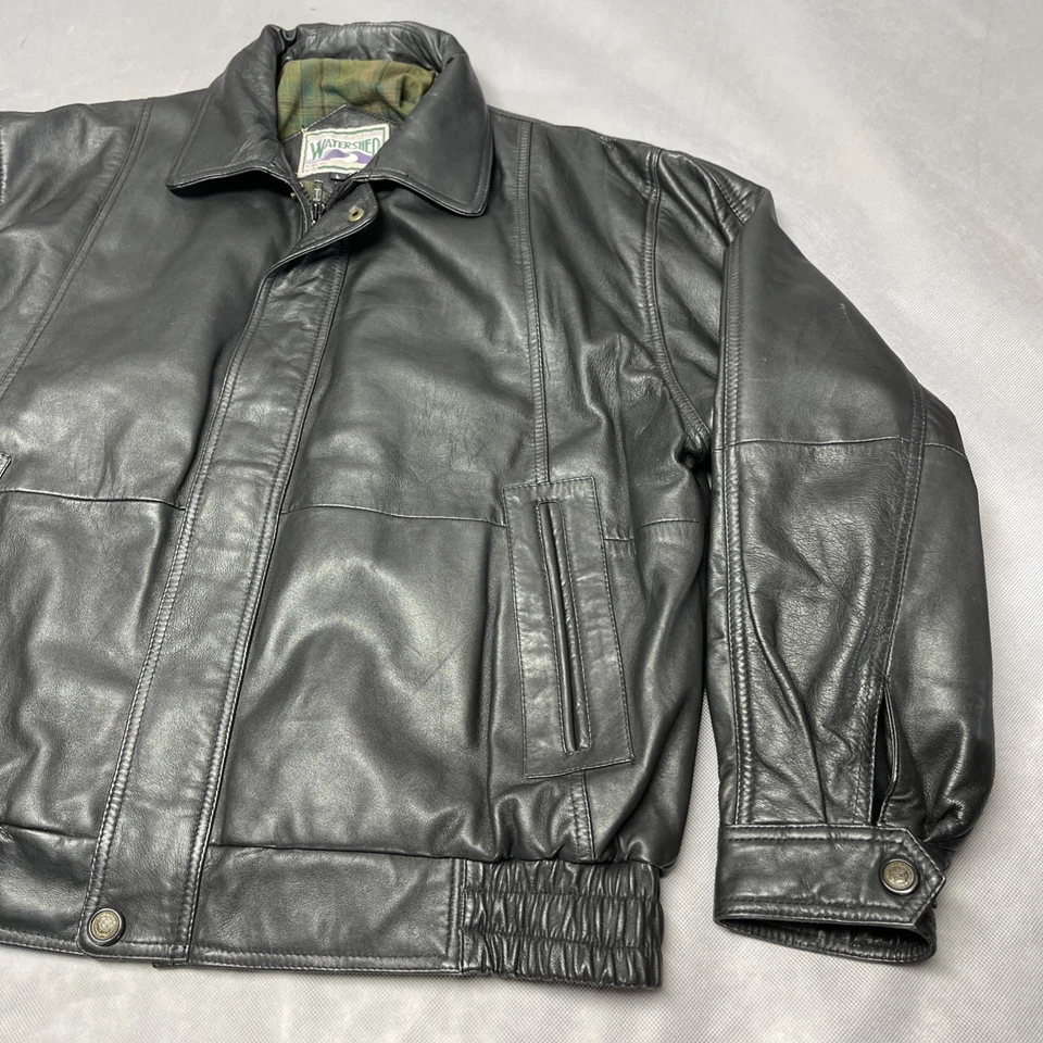Chaqueta de motociclista bombardero de cuero negra vintage William Barry Watershed para hombre L Foto 3 de 4