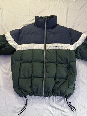 Vintage Tommy Jeans Mens L Puffer Jacket Blue Green Colorblock Down Quilted Coat