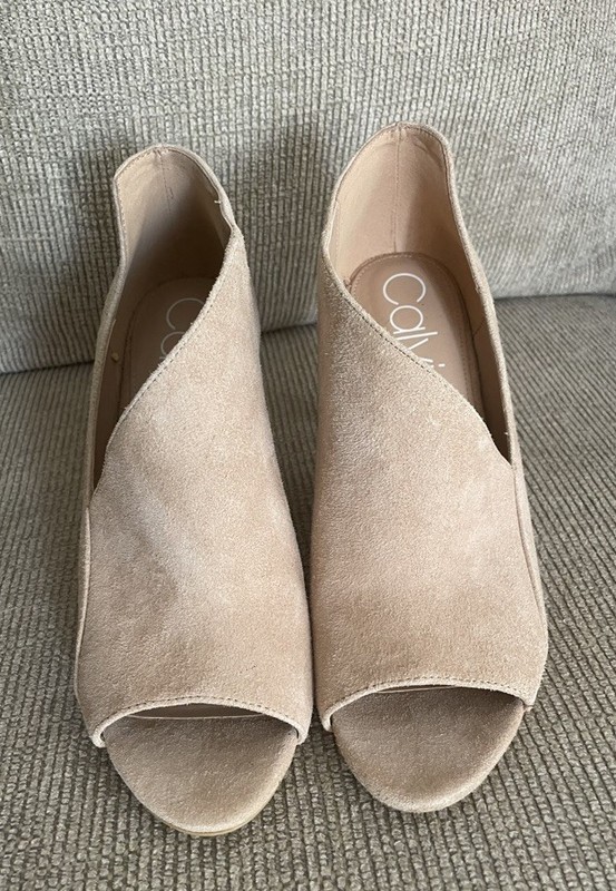 Womens Calvin Klein Nastassia Peep Toe Open Side Boots, Desert Sand Size 7.5