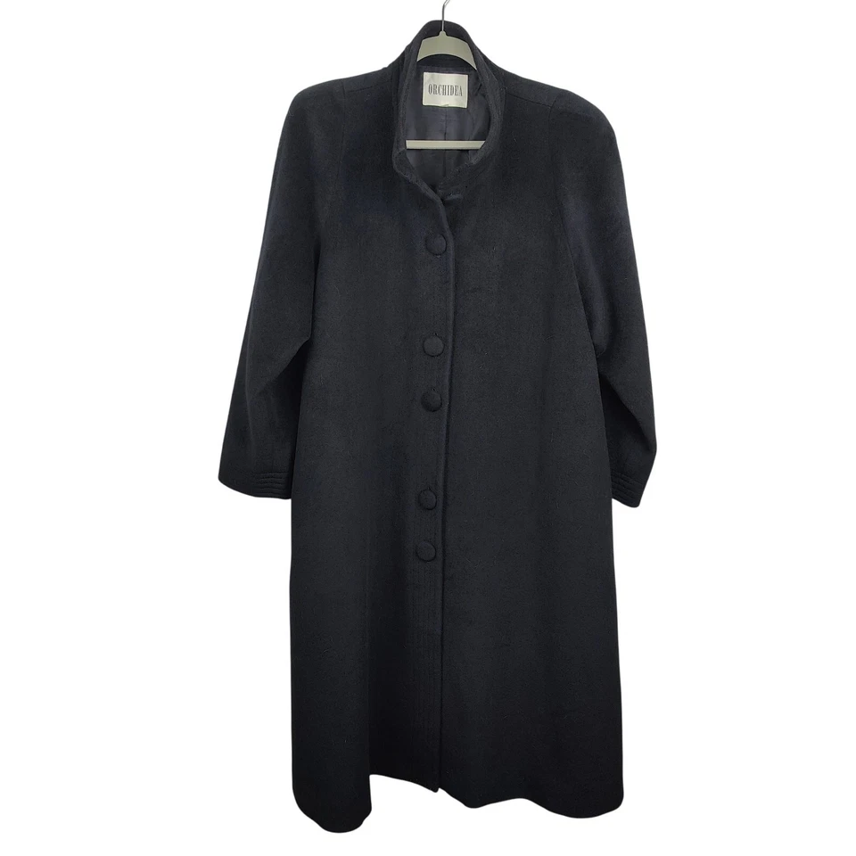 Vintage Orchidea Angora Wool Coat Womens 9 Medium Black Button Funnel Neck - Image 2 of 4