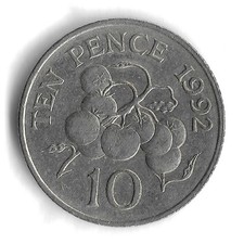 1992 Bailiwick of Guernsey 10 Pence World Coin - Mintage 3,500,000 - KM# 43.2