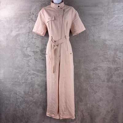 Sandro Mock Neck Jumpsuit Womens Size 38 Pink Zip Belted Utility Wide Leg