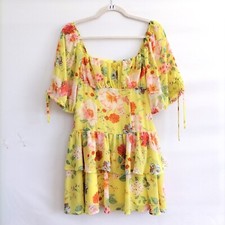 Forever 21 Y2K Womens Yellow Floral Romantic Peasant Cottagecore Mini Dress M