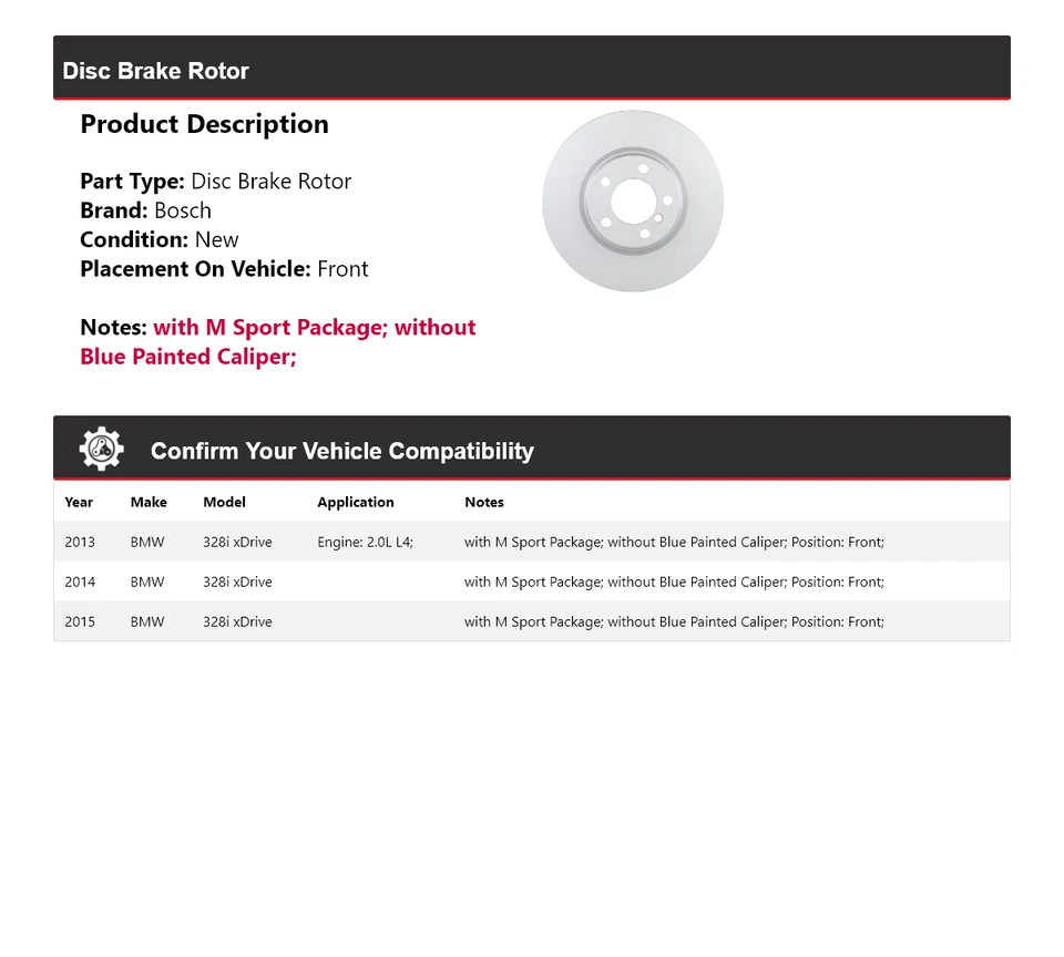 Rotor de freno de disco delantero 2014 para BMW 328i xDrive Bosch QuietCast 2013-2015 Foto 2 de 4