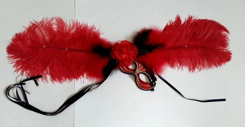 GIPSY RENAISSANCE VENETIAN NEW ORLEANS MARDI GRAS MASK FEATHERS ROSE RHINESTONE - Image 2 of 4