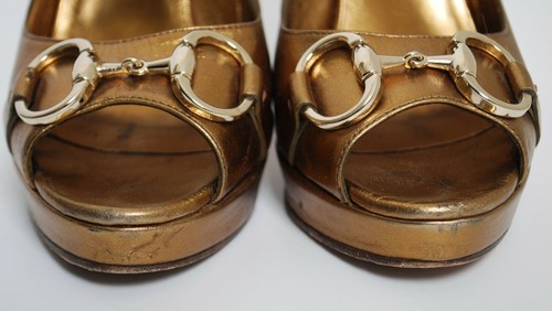 Gucci High Wedge Heels Shoes Gold Leather Platform Pumps Size EU 36.5 US 5.5 - Picture 12 of 12